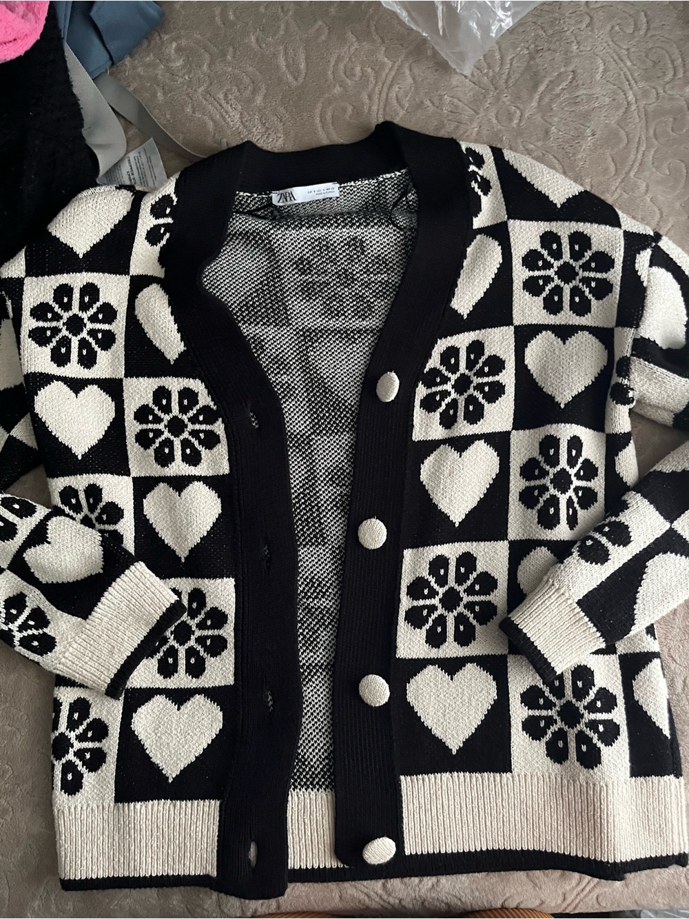 Zara Black & Cream Checker Heart Floral Cardigan